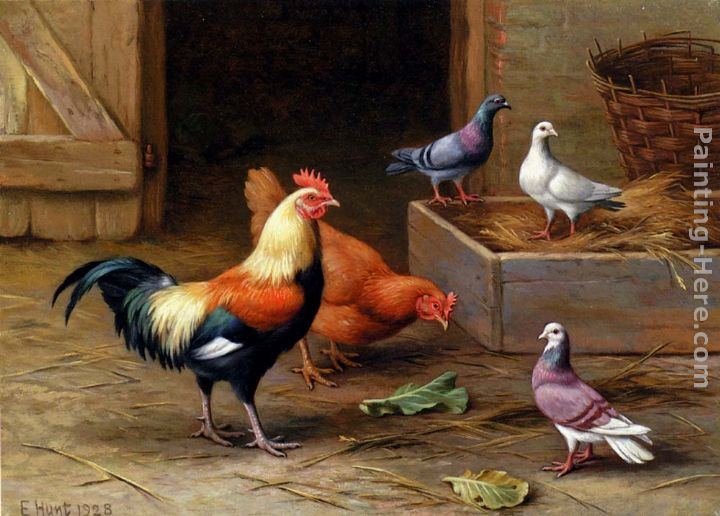 Edgar Hunt Chickens, Pigeons and a Dove